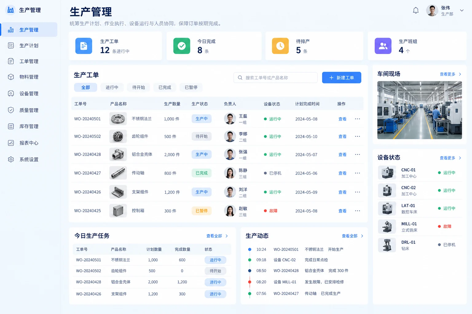 生产进度与设备异常管理 · 生产工单与设备状态 · 应用示意
